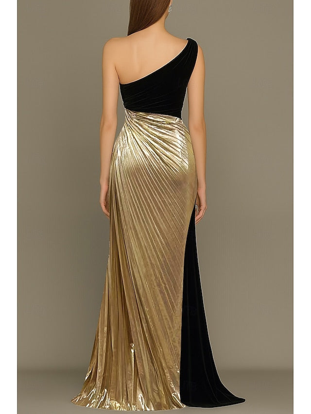 Wedding Elegant Gold Formal Gown Evening Dress Black Column FashionChic