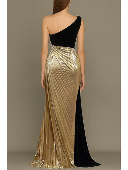 Wedding Elegant Gold Formal Gown Evening Dress Black Column FashionChic