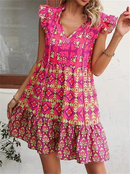 Women's Boho Graphic V Neck Mini Dress Sleeveless Summer