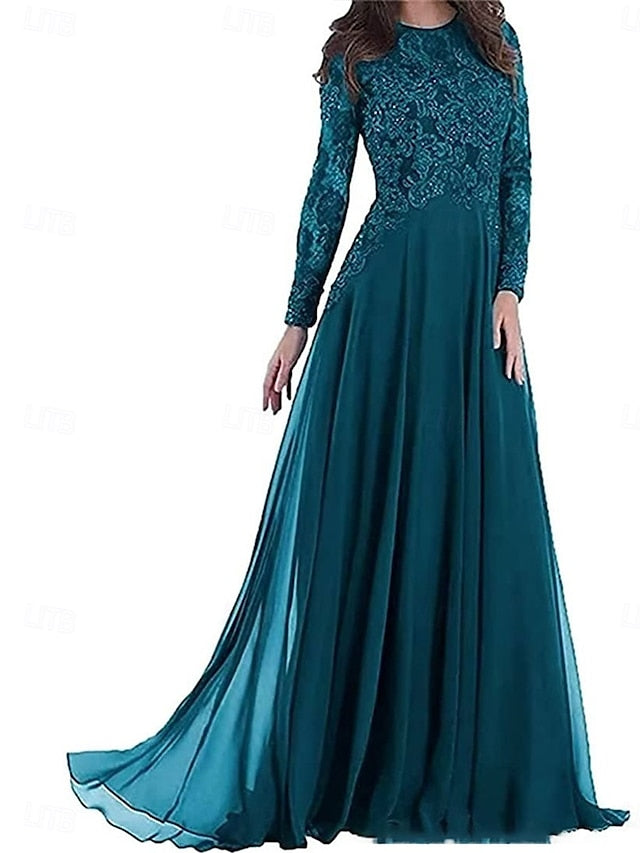 A-Line of Crew the Neck Bride Floor Elegant Mother Party Dress FashionChic