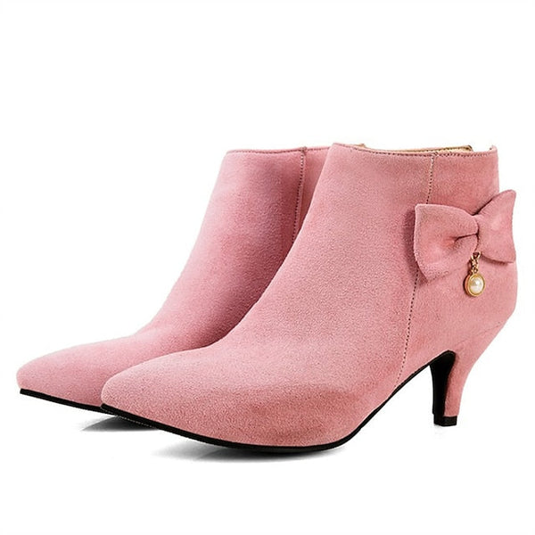 Pink Boots Women's Bow Pearl Charm Suede with and Ankle FashionChic