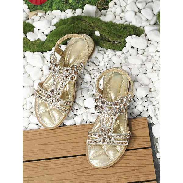T-Strap Sandals Women's Silver Boho Rhinestone Flat – FashionChic
