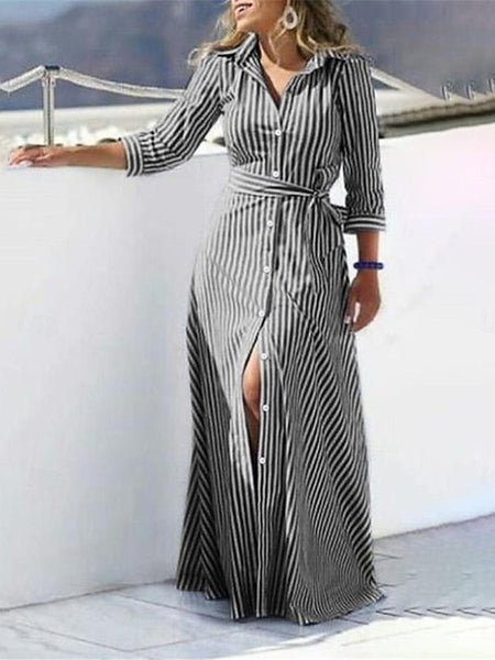 Women's Blue Black Summer Spring Maxi Dress Cotton Linen FashionChic