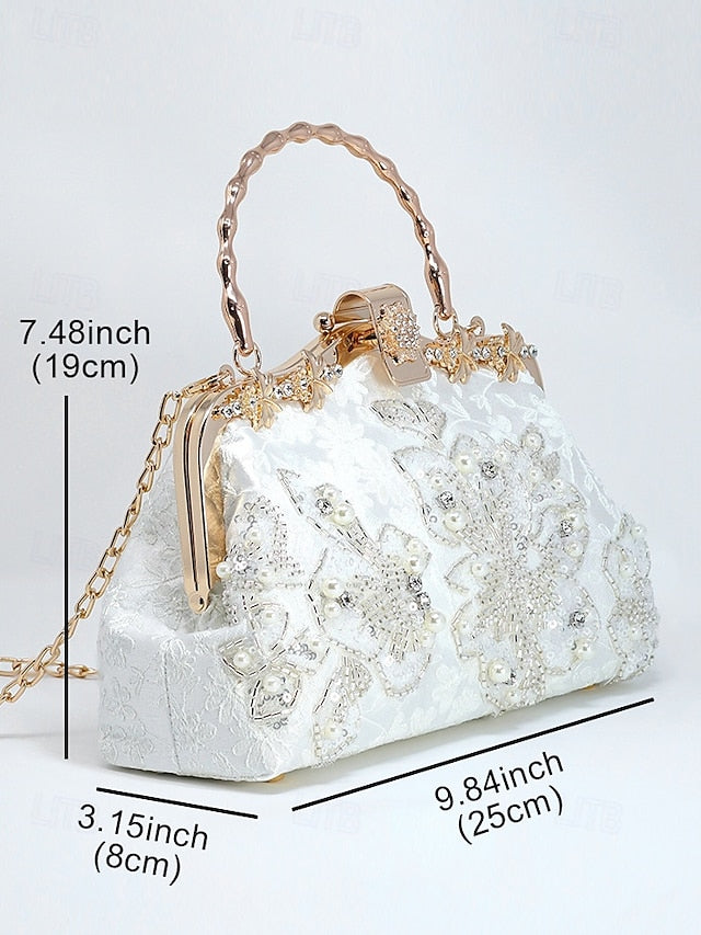 Handbag Floral Pearl and Evening White Lace Elegant with FashionChic