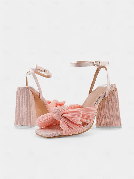 Detail Heel and Knot Block Sandals Rose Textured Gold with FashionChic