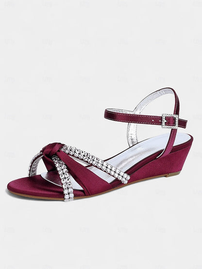 Knot Women's Rhinestone Wedge - Green Dress Satin Sandals FashionChic