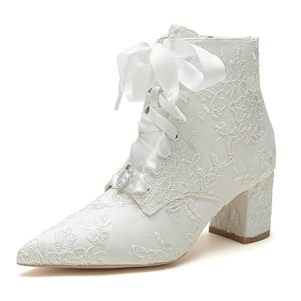 Women's Lace-Up Bridal Embroidered Floral White – Booties FashionChic