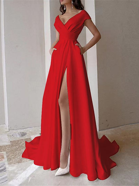 Women's White Dress Prom Dress Party Dress Ruffle Pocket V