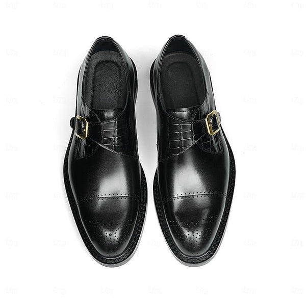Dress Genuine Strap Black Men's Leather Monk First Shoes- FashionChic