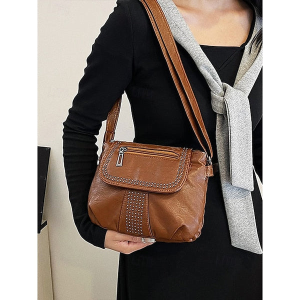 with Faux Bag Women's Leather Brown Crossbody Studded FashionChic