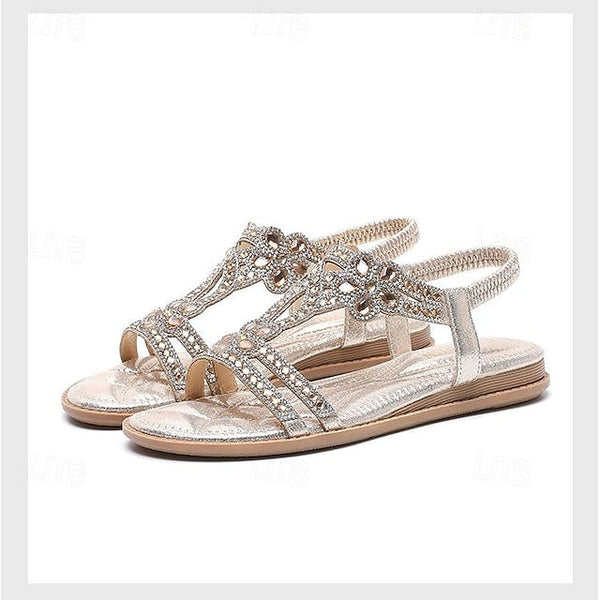 T-Strap Sandals Women's Silver Boho Rhinestone Flat – FashionChic