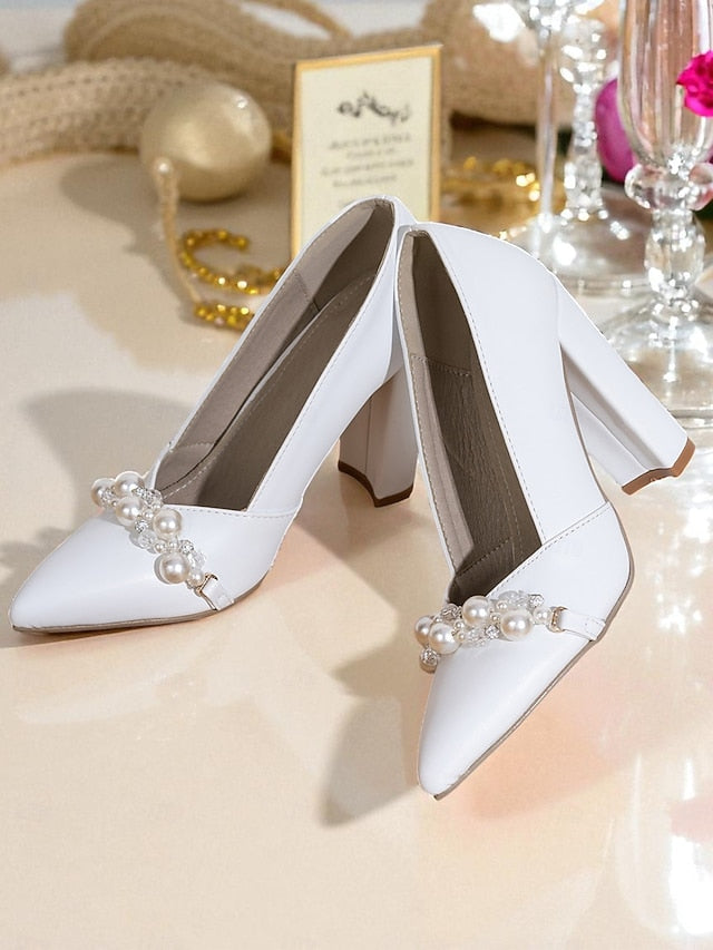 Decor Pearl Heel Pumps Block White Women's FashionChic
