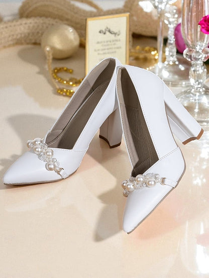 Decor Heel Women's Pearl Pumps White Block FashionChic