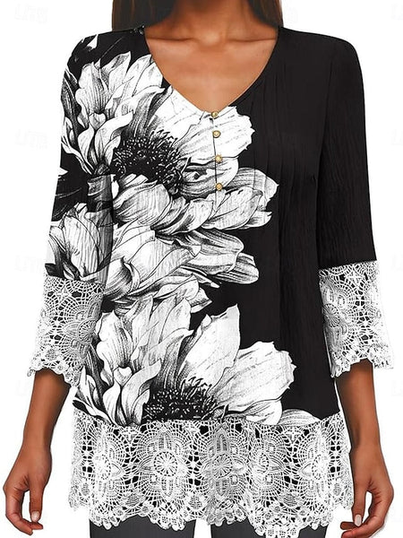 Women's Elegant Lace Tops Eyelet Blouse Casual Ombre Floral FashionChic