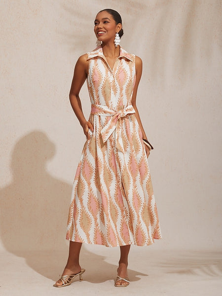 A Line Maxi Dress Shirt Collar Belted Pocket Vacation