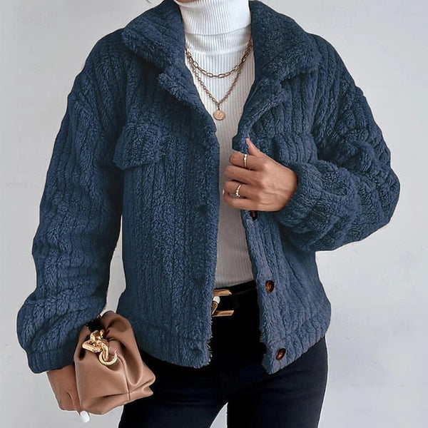 Casual Plain Coat Warm Teddy Women's Buttons Comfortable FashionChic