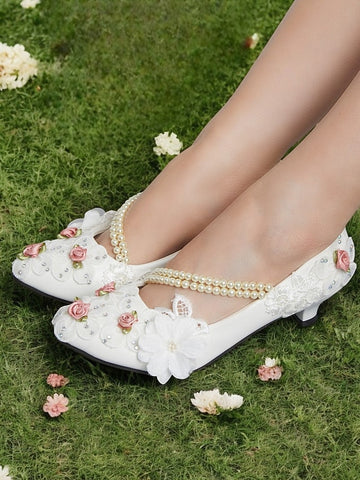 Pearl White Heel for Floral Shoes Embellished Bridal Strap Low FashionChic
