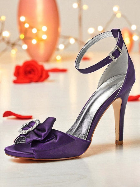 with Sandals Heel Purple Satin Women's Rhinestone High FashionChic
