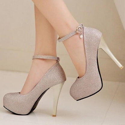 Stiletto Silver Heels Women's Glitter Ankle with Platform FashionChic