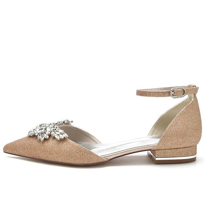 Satin Women's White – Rhinestone Floral Design Flats with FashionChic