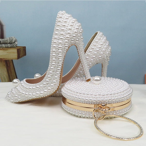 Pearl-Embellished Set Pearl White Stiletto Purse Round and Heels FashionChic