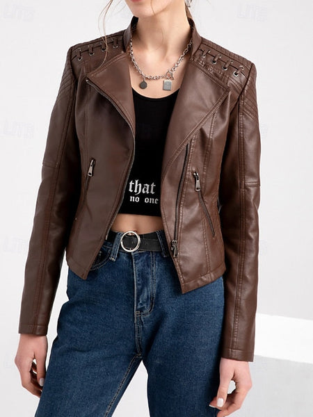 Women's Pocket Jacket Zipper Faux Leather Comfortable FashionChic