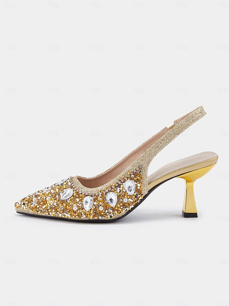 with Slingback Gold Rhinestone Heels Women's Pearl FashionChic