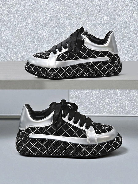 Silver Quilted Women's - Rhinestone Sneakers and Black FashionChic