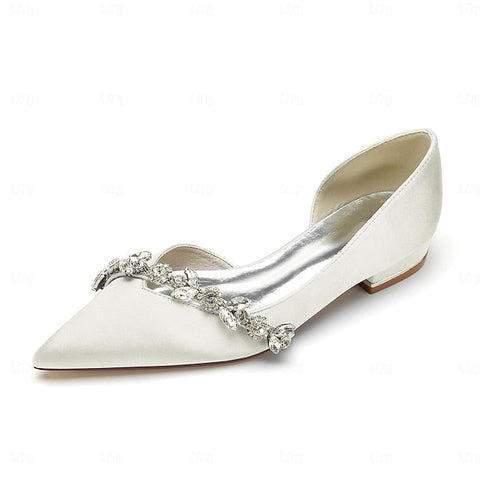 Satin White Wedding with Shoes Pointed Toe Flat Crystal and FashionChic
