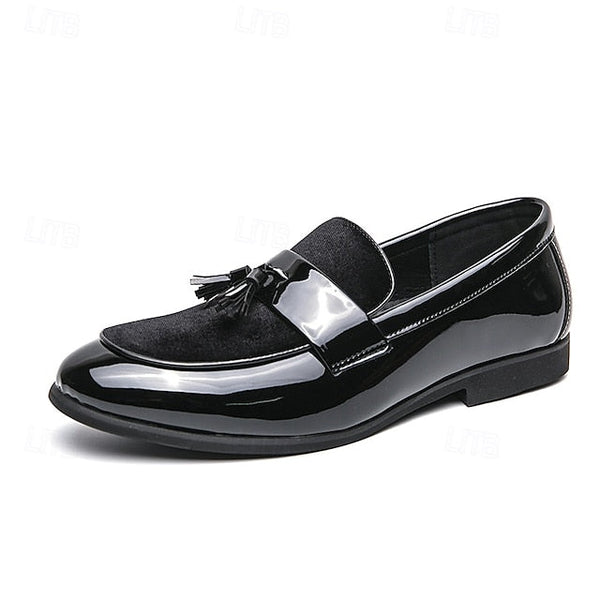 – Men's Black Faux Tassel Loafers Leather Patent Velvet FashionChic