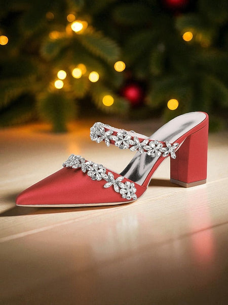 with Heel Mules Satin Floral Block Women's Black Rhinestone FashionChic