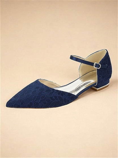 Strap Ankle and Pointed Lace Women's with Navy Flats Blue FashionChic