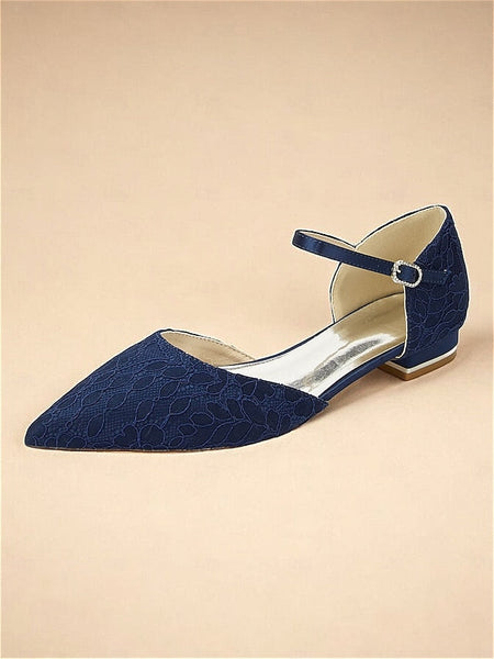 Navy Pointed and Lace Flats Strap with Blue Women's Ankle FashionChic