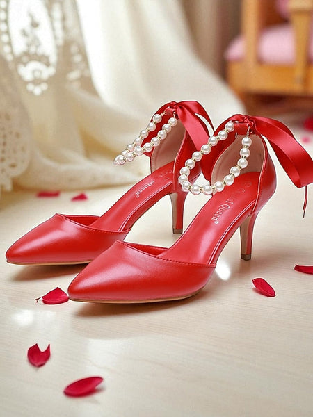 Ankle Pumps Heel Strap - Bow Women's Pearl Kitten Blue with FashionChic