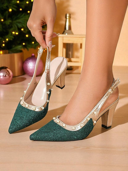 Gold High Slingback Green Women's Strap Glitter Heels with FashionChic