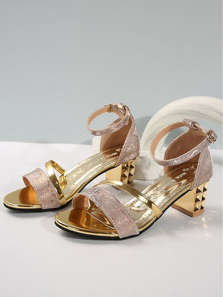 – Silver Sandals Women's Heel Strap Block Ankle Glitter FashionChic