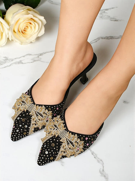 Slip-On Toe Glitter Pointed Rhinestone Mules - Women's FashionChic