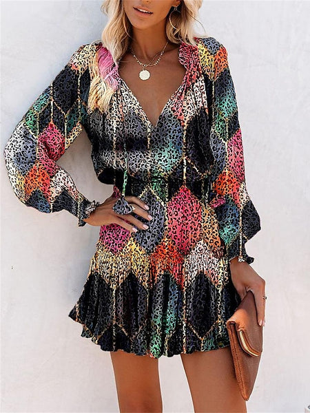 Women's Floral Leopard Ruched Ruffle V Neck Mini Dress