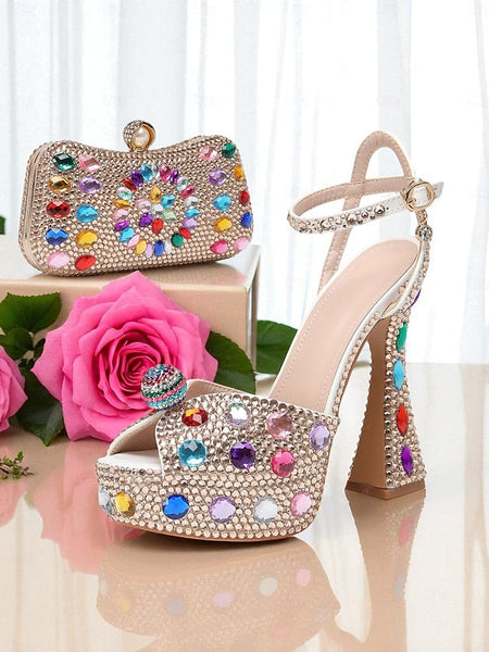 with Heel Women's Matching Rhinestone Platform Sandals High FashionChic