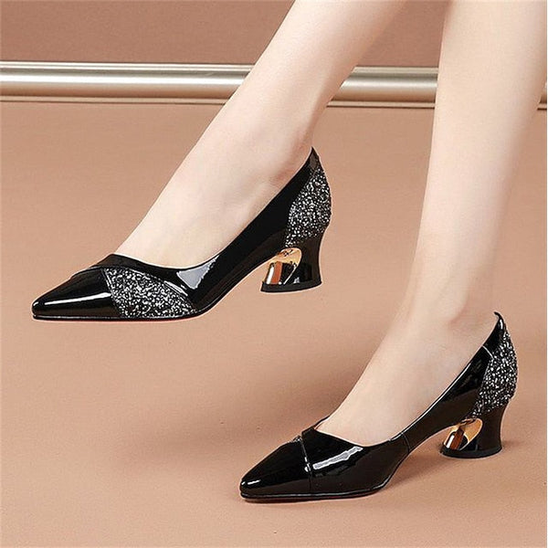 Patent Women's Heels Block Leather Faux Glitter-Accented FashionChic