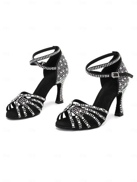 High Latin Rhinestone-Embellished Tan Sandals with Heel Dance FashionChic