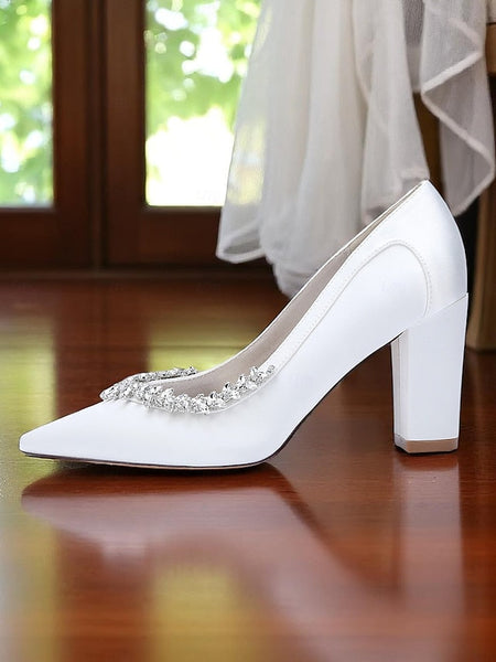 Satin Block Heel Wedding Pink Pumps Women's FashionChic