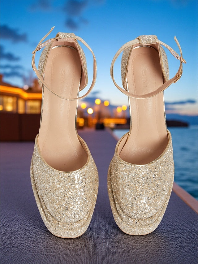 Women's Glitter High Gold Heels Platform FashionChic