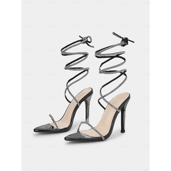 Sexy Stiletto Rhinestone Women's Lace-Up Sandals Black – FashionChic