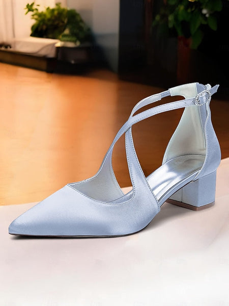 Women's Block Satin Pointed - Heels Ivory Elegant Toe FashionChic