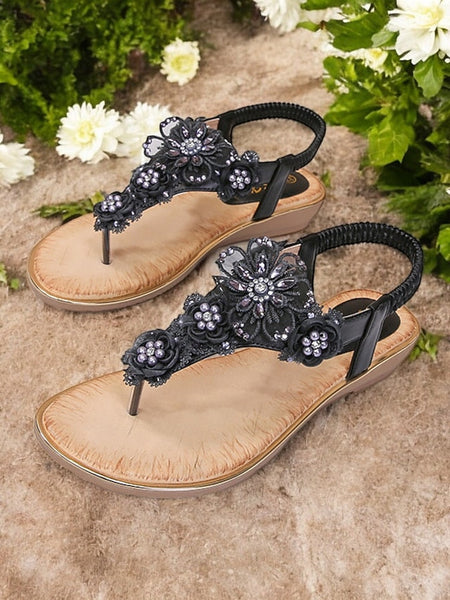 – Lace Women's Embellished Pink Floral Sandals T-Strap FashionChic