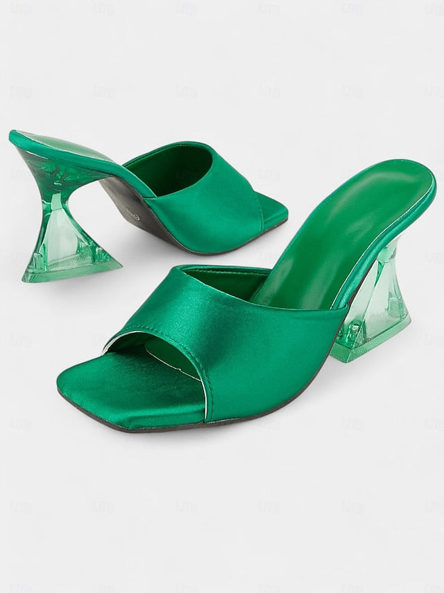 Open-Toe Block Mules with Transparent Satin Green for Heels FashionChic