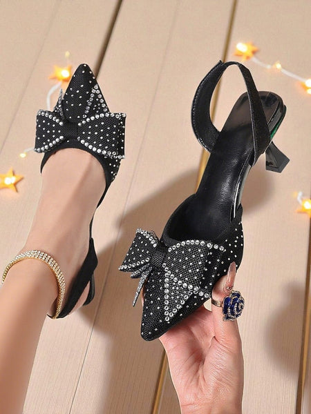Bow Pointed Heels - Women's Sparkly Slingback Rhinestone FashionChic