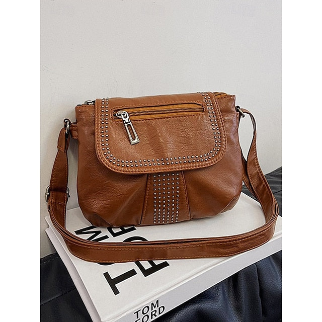 with Faux Bag Women's Leather Brown Crossbody Studded FashionChic