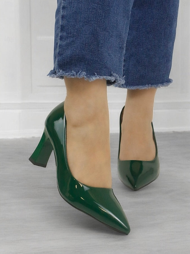 Pointed-Toe Glossy Patent Leather Heel Green Pumps Faux Block FashionChic